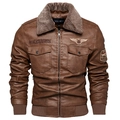 Detail of dark brown men's PU leather jacket with faux fur collar and ribbed cuffs - L / Coffee