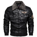 Close-up of men black biker jacket with grey faux fur collar and embroidered patch - L / Black