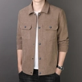 Men's coffee brown corduroy jacket with classic lapel and ribbed texture in slim fit - M / Khaki