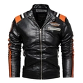 Men's winter faux leather biker jacket in black with orange stripes and stand collar - L / Black