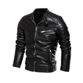 Giacca da motociclista slim fit da uomo in ecopelle nera con spalle trapuntate e collo alto - L / Nero