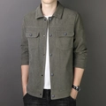 Men's slim fit corduroy jacket in olive green with classic collar and front button pockets - M / Army Green