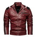 Men's burgundy motorcycle PU leather jacket with quilted details and racing stripes - L / Wine Red