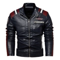 Men's navy blue faux leather motorcycle jacket with red and white stripes detail - L / Dark Blue