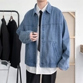 Vintage light blue denim jacket for men with classic turn-down collar and casual button-up style - 2XL / Blue