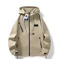 Men's khaki hooded windbreaker jacket with NASA branding and functional zip pockets - 3XL / Khaki