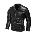 Classic black motorcycle leather jacket for men featuring a stand collar and ribbed shoulder detail - L / Black