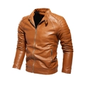 Caramel brown men's PU leather biker jacket with quilted shoulders and stand collar - L / Earthy Yellow