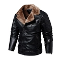 Men's black faux leather jacket with brown faux fur collar and quilted shoulders - L / Black