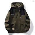 Army green and black hooded outdoor sports jacket for men with front zipper - 3XL / Army Green