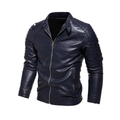 Classic navy blue men's PU leather motorcycle jacket with quilted shoulder detailing - L / Black and Blue