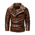 Men's dark brown PU leather jacket with fleece lining and quilted shoulder details - L / Khaki/Earth Yellow