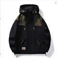 Men's waterproof windbreaker jacket in green and black colorblock with adjustable hood - M / Black