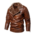 Men's dark brown vintage faux leather jacket with thick fur collar and fleece lining - L / Coffee