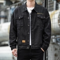 Men's loose black denim jacket with chest logo and utilitarian cargo pockets in street style - S / Black and Gray