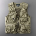 Army green tactical multi-pocket vest in durable nylon for outdoor camping and fishing - Khaki