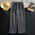 Men's retro loose straight dark grey washed denim jeans with elastic waist and back pockets - S / Dark Grey