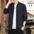 Men's black bomber jacket with grey marble pattern print and casual athletic design - M / Black