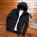 Men's black hooded outdoor jacket with windproof fabric and mountain print - M / Grey Green
