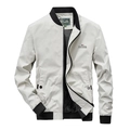 Men's casual light grey bomber jacket with stand collar and black ribbed trim accents - M / Khaki