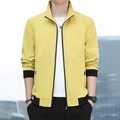 Modern men's bright yellow casual work jacket with stand collar and black ribbed cuffs - M / Yellow