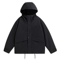 Men's black windproof hooded jacket with drawstring hood and large zipper pockets - M / Black