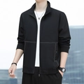 Men's black zip-up cargo jacket with white contrast stitching and a stand-up collar - M / Black