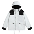 Men's hooded windbreaker jacket with black and white color block design and adjustable drawstring - M / White