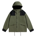 Men's hooded windbreaker jacket in army green and black contrast with drawstring hood - M / Army Green