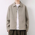 Men's beige waffle textured shirt jacket with metal snap buttons and large pockets - M / Khaki