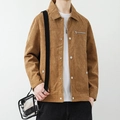 Men's loose corduroy jacket in earth brown color with retro Japanese workwear style - M / Earthy Yellow