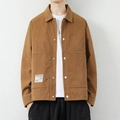 Men's brown corduroy baseball jacket with silver snap buttons and front patch pockets - M / Khaki/Earth Yellow