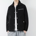 Men's retro black corduroy jacket with silver snap buttons and a chest zipper pocket - M / Black