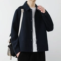 Men's dark blue waffle texture cardigan jacket with lapel collar and metal snap buttons - M / Dark Blue