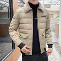 Giacca invernale da uomo kaki con collo in shearling e grandi tasche cargo moda - M / Cachi