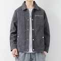 Men's retro loose dark grey corduroy jacket with silver snap buttons and zipper pocket - M / Dark Gray