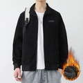 Men's black corduroy jacket with thermal fleece lining and a classic stand collar design - M / Black