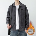 Men's grey corduroy jacket with warm white fleece lining and casual lapel design - M / Dark Gray