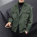 Men's slim fit corduroy jacket in dark green with lapel collar and chest pockets - M / Army Green