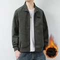 Men's corduroy jacket in dark olive with warm black fleece lining and zip closure - M / Army Green