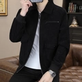 Chaqueta de pana negra para hombre con cuello clásico y bolsillos con cremallera casual - M / Negro