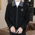 Schwarze Cordjacke für Herren mit grauem Lammfellkragen und Kronen-Emblem - M / Schwarz