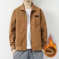 Men's brown corduroy jacket with warm fleece lining and ribbed cuffs for winter - M / Khaki/Earth Yellow