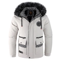 Detailweergave van een lichtgrijze parka met een grote zwarte kraag van imitatiebont - M / Ivoor