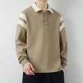 Sudadera polo para hombre caqui con cuello en contraste blanco y mangas a rayas - M / Caqui