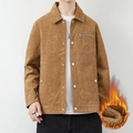Men's brown corduroy jacket with zip pocket and warm faux shearling lining - M / Khaki/Earth Yellow