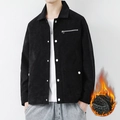 Men's black corduroy jacket with silver snaps and warm fleece lining detail - M / Black
