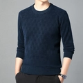 Jersey de chenilla azul marino para hombre con punto geométrico y cuello redondo liso - M / Azul Marino (7623)