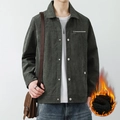 Men's dark green corduroy jacket with thick fleece lining and chest zipper pocket - M / Army Green