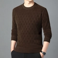 Jersey de chenilla para hombre en color marrón oscuro con relieve de cuadros y cuello redondo - M / Caramelo (7623)